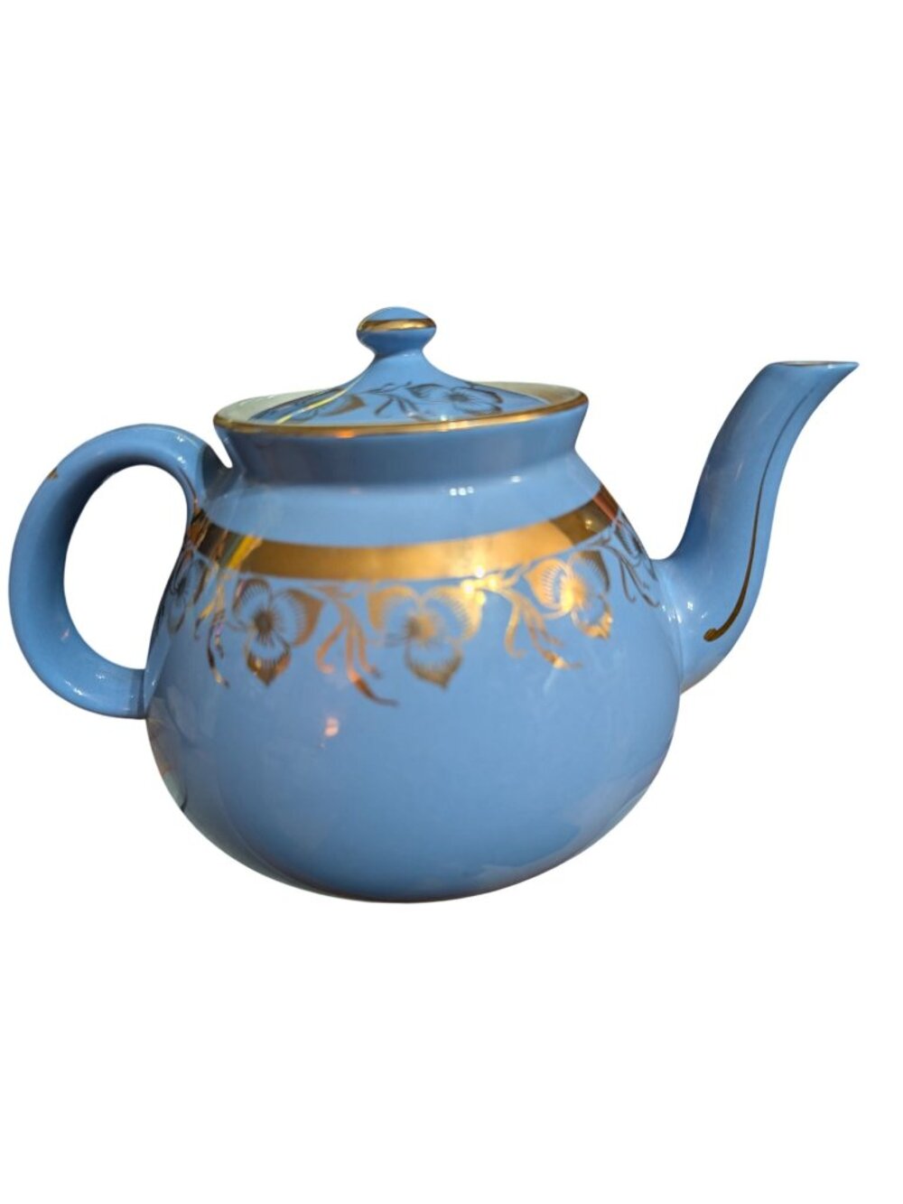 Hall Cadet Blue 10 Cup Teapot With Gold Trillium Floral Design Made In USA
